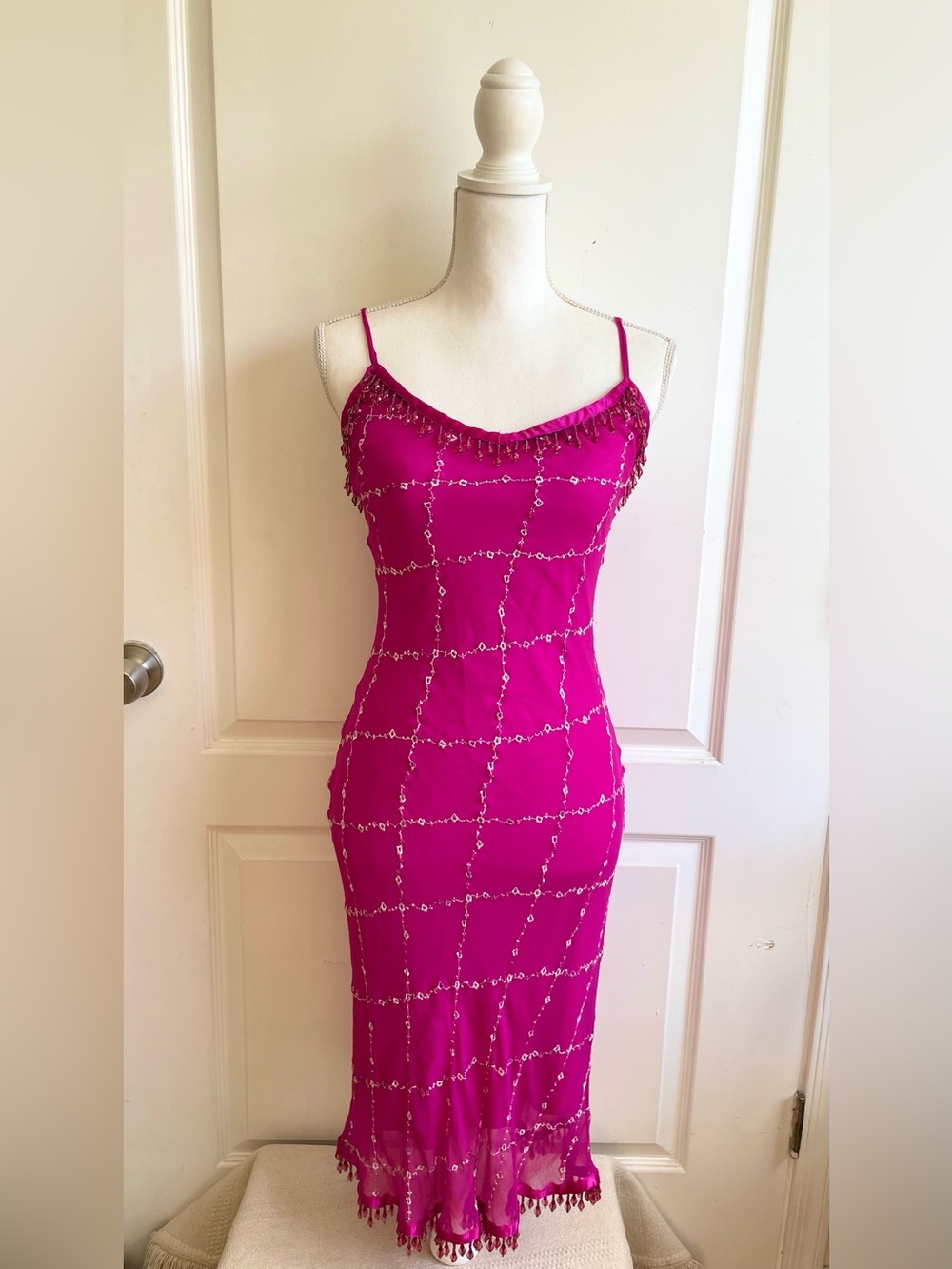 Vintage Betsey Johnson New York  Pink Silk Noise Maker Dress Beaded Trim Y2K
